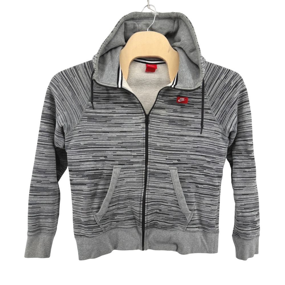 Nike Full Zip Hoodie Mens Large Pre-Owned Gray Space Dye Striped Red Logo Jacket